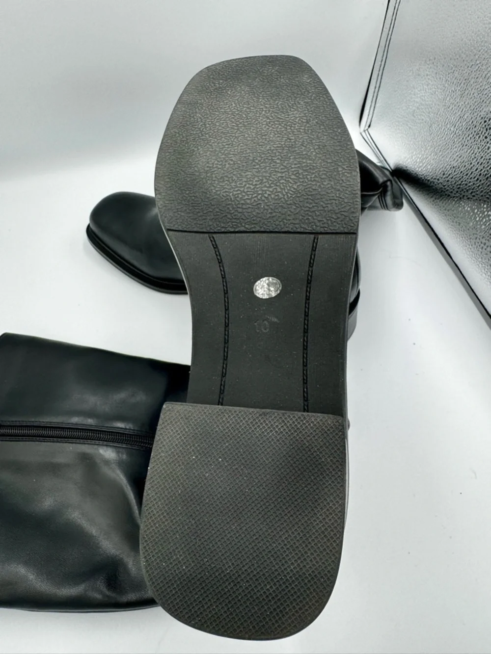 Black Vegan Leather Square Toe Knee High Boots Block Heel Size 10